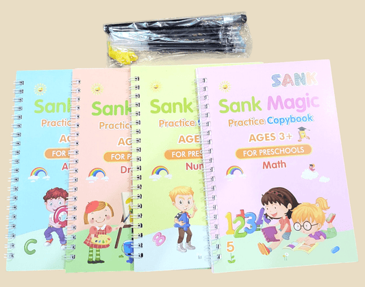 Reusable Magic Practice Copybook Set of 4 with Pen & Refills – Writing, Numbers, Drawing & Math for Kids (Ages 3+)