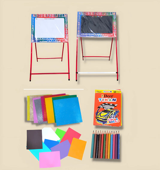 Creative Kids Bundle – Double - Sided Board, Multi - Color & Glitter Foam Sheets, and Deer Pencils (Complete Learning Kit) - BachoKaBazar