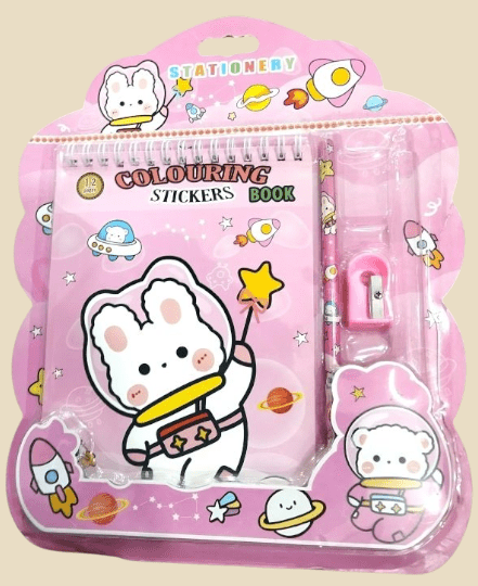 Girls Pink Sticker Coloring Set – Diary, Pencil & Colors Included - BachoKaBazar