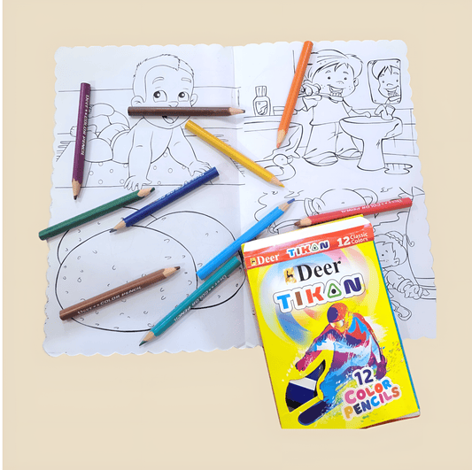 Kids Cartoon Coloring Book with 12 Color Pencils – Fun & Affordable Creative Activity for Children - BachoKaBazar