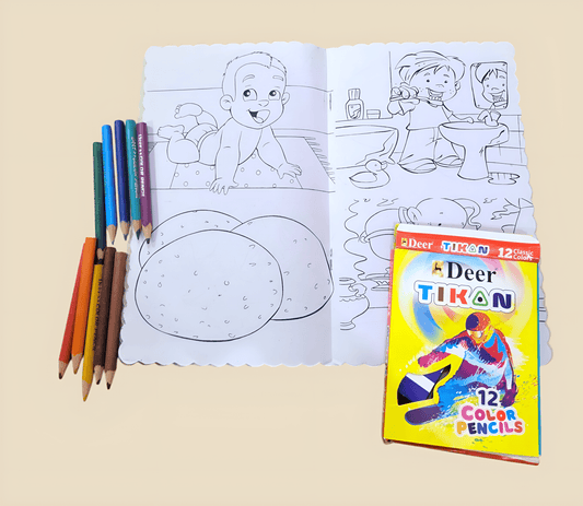 Kids Cartoon Coloring Book with 12 Color Pencils – Fun & Affordable Creative Activity for Children - BachoKaBazar