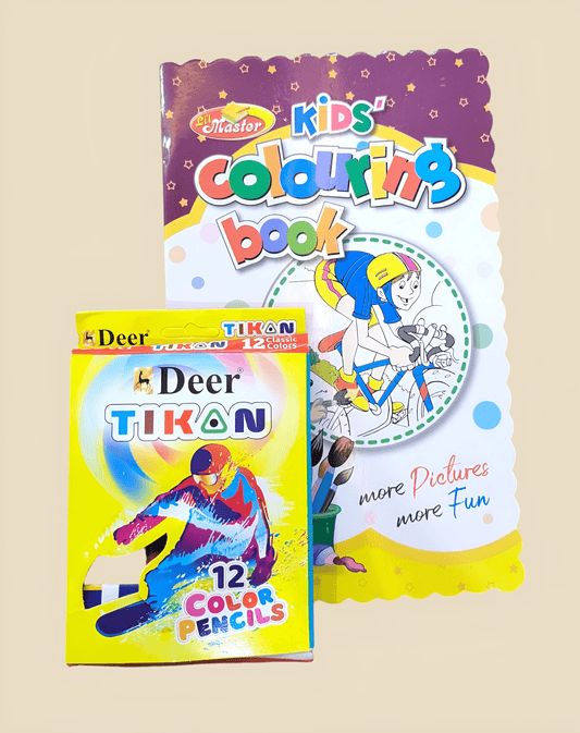 Kids Cartoon Coloring Book with 12 Color Pencils – Fun & Affordable Creative Activity for Children - BachoKaBazar