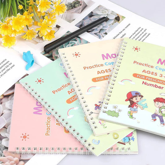 Reusable Magic Practice Copybook Set of 4 with Pen & Refills – Writing, Numbers, Drawing & Math for Kids (Ages 3+) - BachoKaBazar