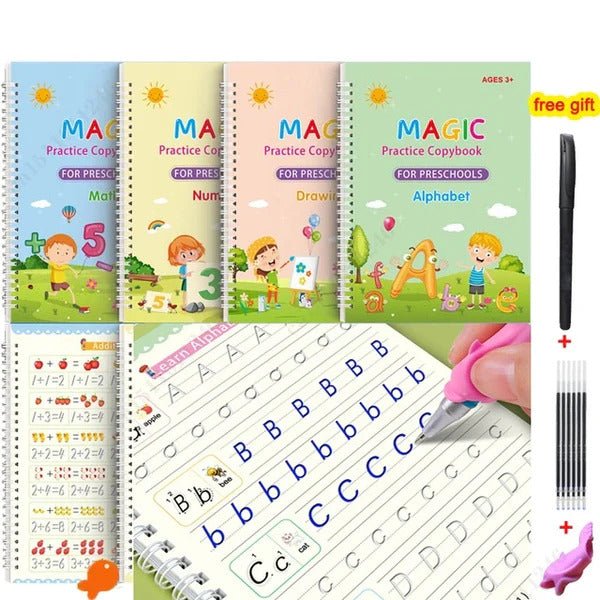 Reusable Magic Practice Copybook Set of 4 with Pen & Refills – Writing, Numbers, Drawing & Math for Kids (Ages 3+) - BachoKaBazar