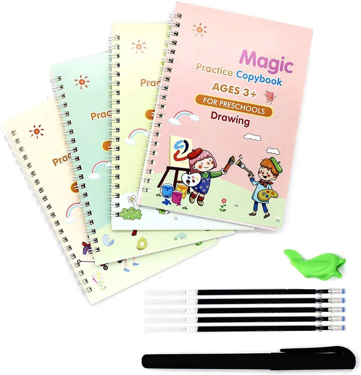 Reusable Magic Practice Copybook Set of 4 with Pen & Refills – Writing, Numbers, Drawing & Math for Kids (Ages 3+) - BachoKaBazar